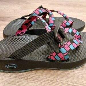 Chaco Black Sandals with Pink and Teal Geometric Straps